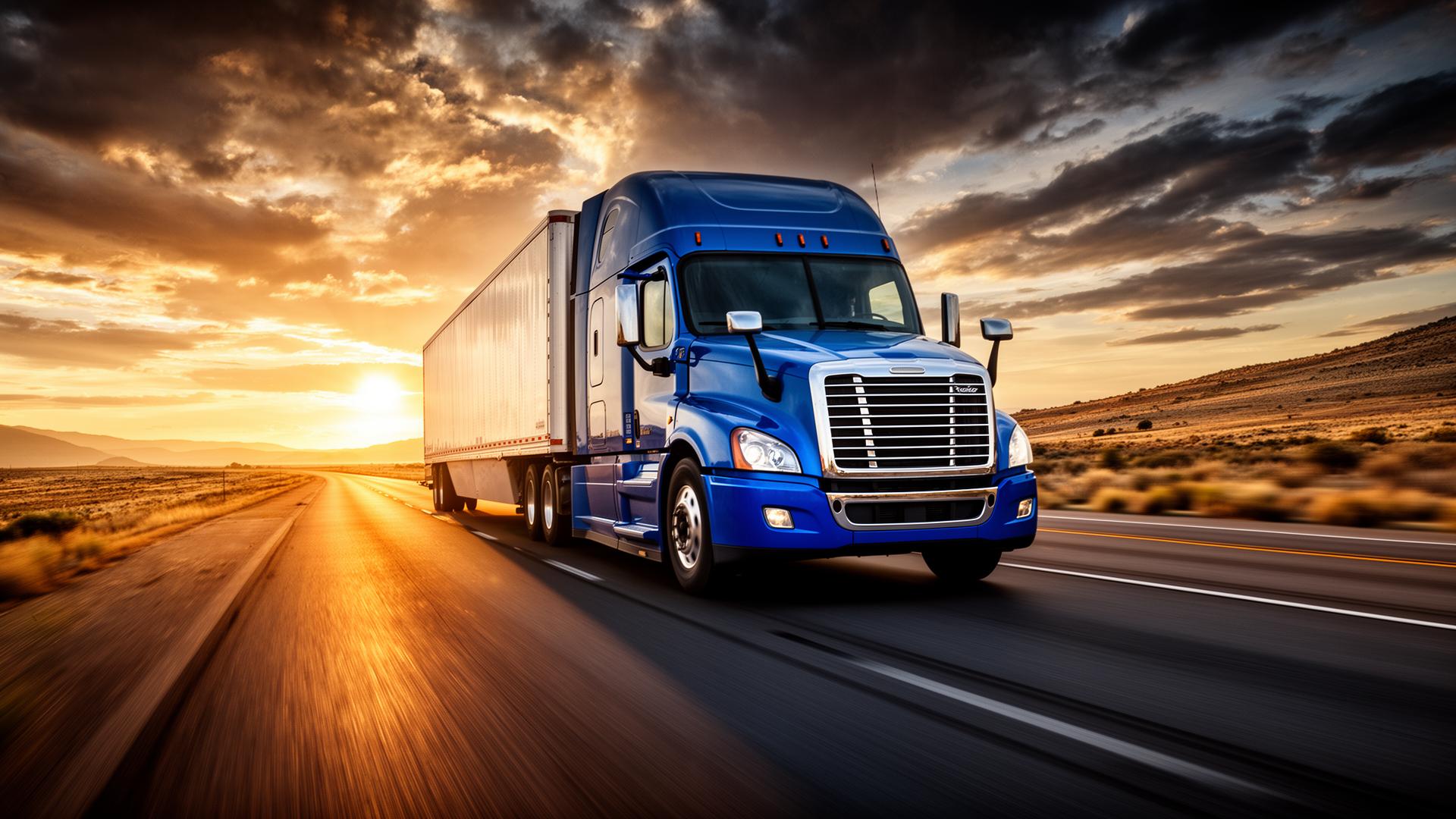 Blue semi-truck on highway at sunset